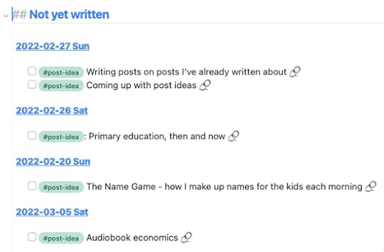 image showing a checkbox list of blog post ideas, rendered using the dataview plugin and filtered by the tag