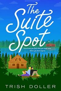illustrated cover of a wooden cabin on a lake, a blonde white woman and a dark-haired white man are sitting back to back on a bench looking up at the sky, a large cat next to the woman. The lake and cabin are surrounded by forest. 