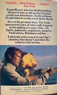 Back cover of the book Roger Moore as James Bond, with blurb and photo of Moore drinking white port in front of an explosion