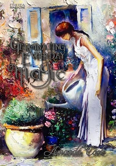 An Impressionist style illustration of a white woman in a white dress watering a large potted plant in front of a cottage. The title of the story