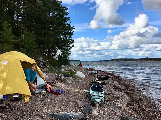 Cathy camping on the Finnish Archipelago kayak trip