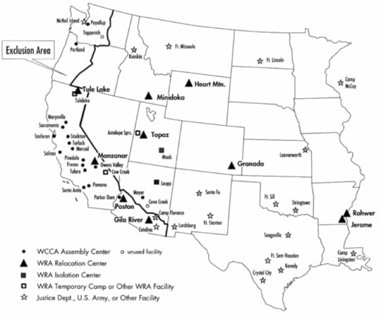 Map of relocation centers and camps used for the internment of Japanese-Americans in WWII (US National Park Service)