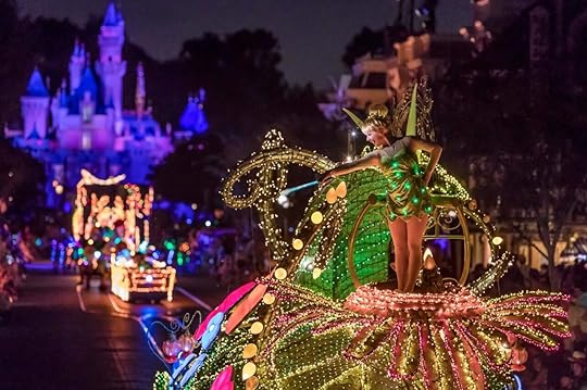 Parade of floats at night at Disney in California 