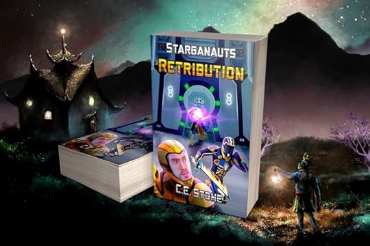 May be a cartoon of 1 person and text that says 'STARGANAUTS RETRIBUTION'