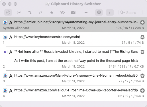 an image of my clipboard history in keyboard maestro, showing the last 5 copies I made, all ready for pasting