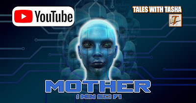 Android head with many other heads behind her, in front of a circuit board design. Mother 1 min sci-fi