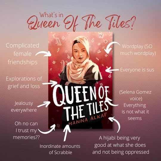 Image header: What’s in QUEEN OF THE TILES?In the center of the image is the cover of the upcoming young adult novel QUEEN OF THE TILES. Each of the following sentences is accompanied by a white arrow that points from the sentence to the cover. - complicated female friendships- explorations of grief and loss- jealousy everywhere- oh no can I trust my memories??- inordinate amounts of Scrabble- a hijabi being very good at what she does and not being oppressed- (Selena Gomez voice) everything is not what it seems- everyone is sus- wordplay (SO much wordplay)