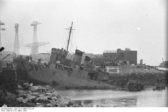 HMS Campbeltown wedged in the dock gates of Saint-Nazaire, France, 28 Mar 1942 (German Federal Archive: Bild 101II-MW-3722-03)