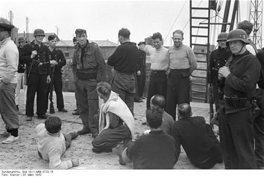 Germans guarding British prisoners of war, Saint-Nazaire, France, 28 Mar 1942 (German Federal Archive: Bild 101II-MW-3720-16)