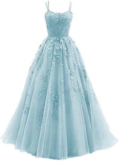 Gyin Lace Appliques Prom Dresses Long for Women Spaghetti Straps Tulle A-Line Formal Party Evening Gowns with Train at Amazon Women's Clothing store