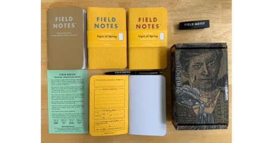 field notes signs of spring layout:L notesbook covers, notebook interiors, subscription box, pen and rubber band