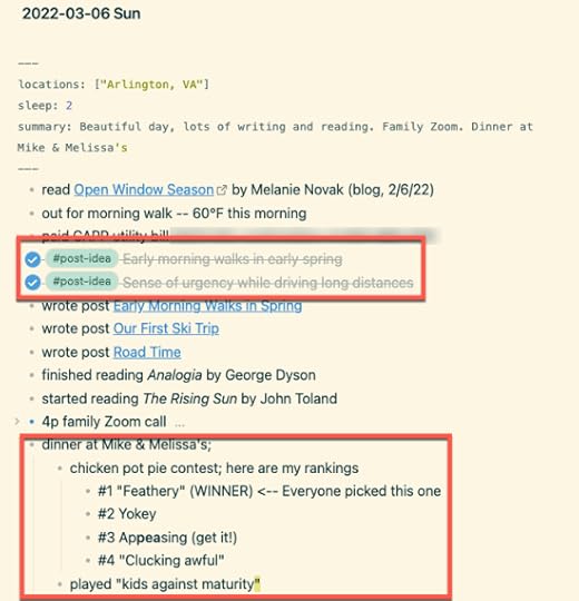 My daily notes from March 6 -- items in the red boxes came from my Field Notes notebook.