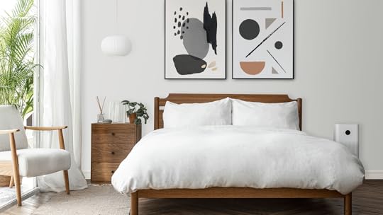  Bedroom. Wood bed. White sheets. Chair in corner. Wood nightstand with green plant and water bottle. Geometric prints above bed. 