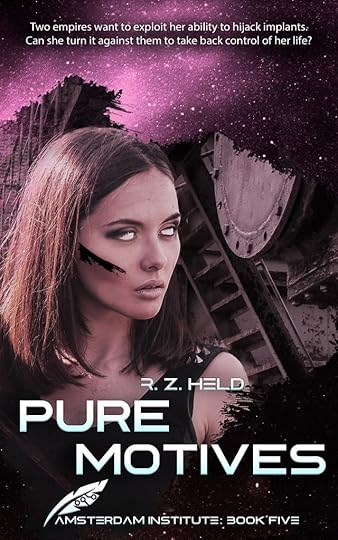 A book cover with a woman with white eyes on a background of machinery and stars