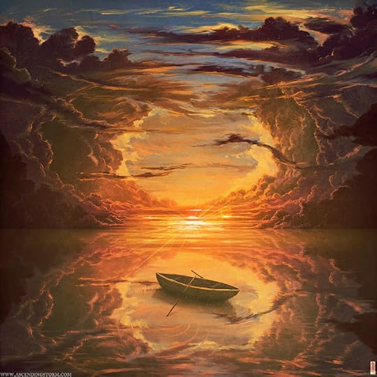 An artist drawn image of an empty wooden rowing boat in the middle of the ocean as storm clouds part and an orange sunset shines through the middle behind the boat, reflecting in the water. Created by Jeffrey Smith
