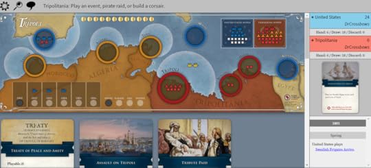 The digitial version of Shores of Tripoli. An image of the board representing North Africa with key cities highlighted and ship pieces on the board. Below that is the US players cards and on the right is the VP track and cards that have been played.