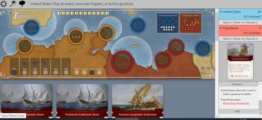 The board again - three orange corsair markers are in Algiers, two red Tripoli corsairs have moved from US controlled Gibraltar to Tripoli. There is one US gunboat in the Malta space.