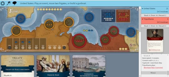The board again - there are now two yellow and two blue frigates outside Tripoli. There are fewer red corsairs in Tripoli but 3 gold pieces have moved from the US players side of the board to the Tripoli players side.