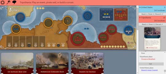 The US player only has three gold left and there's a red Frigate in Tripoli, but there is a US army in Alexandria and only one orange corsair left on the board
