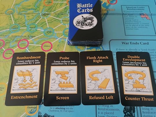 The Battle Cards deck sat atop the board, with four cards laid out in front: Bombardment, Probe, Flank Attack Right, and Double Envelopment.