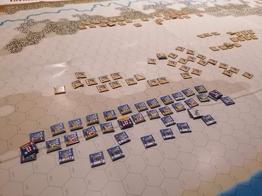 The counters for Saladin's horse archers are now only a few hexes away from the Crusader army and have spread out to cover a large area.