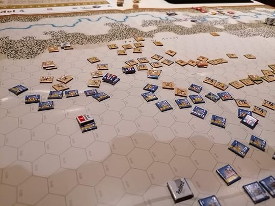 The Crusader counters have once again formed a coherent line, although one is still has an Out of Command token. Richard's token has pushed very far into the Ayyubid lines.