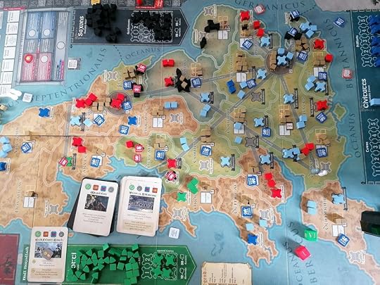 Map of England, Scotland on the left the channel on the right. Green Scotti cubes at the bottom of the image, black Saxons at the top. Red Dux and blue Civtates scattered everywhere else