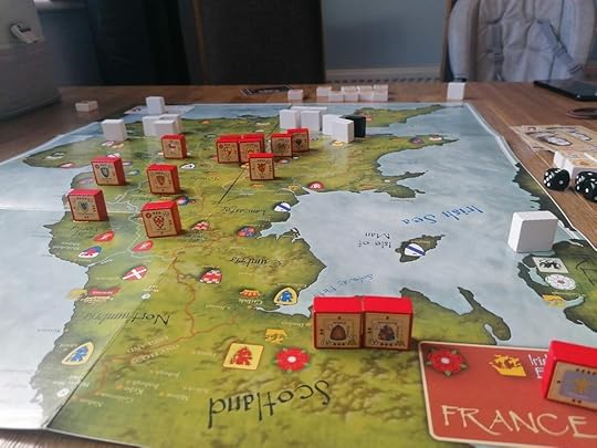 The board looking south from Scotland, in the foreground are two Lancaster heirs' blocks each shown at one health. At the far end of the image several armies of white blocks, and one black, while Red blocks are scattered in the middle.