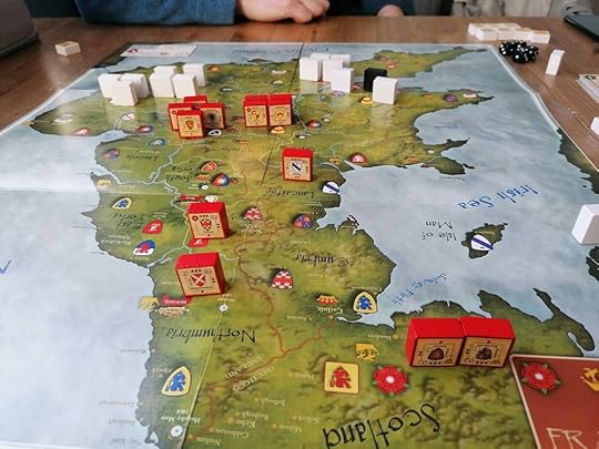Board looking south from Scotland - Lancaster blocks have consolidated into a few spaces in the middle of the board. White Yorkist blocks form four large armies in the far end of the image.