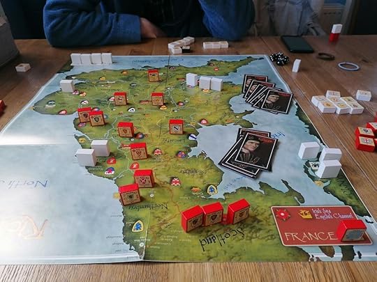 Board of Britain looking south from Scotland. Red blocks in the near frame and down the centre of the map, six white blocks spread across three locations in England, the rest in Ireland on the right and Calais at the top.