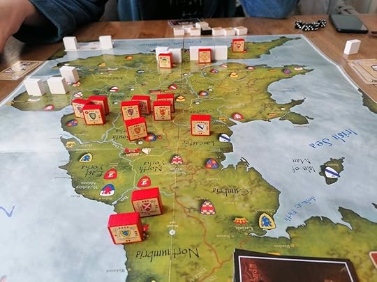 Map looking south from Scotland. Most red blocks spread across the middle, with two closer to the north. Red and white blocks in same areas in top right, and a few white blocks on their own on the left.