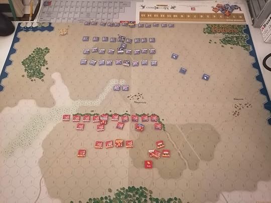 The game map with the two armies laid out. French at the top in five lines, two isolated troops at the front and three rows of soldiers further behind. English on the bottom lined out in one line behind hedges.
