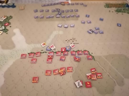 The English lines spread out at the bottom of the image with two French knights attacking the front. One English unit has been forced to retire. The rest of the French are moving to the right of the image and keeping their distance.