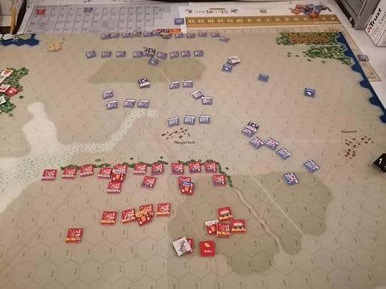 The English army is laid out on the bottom similar to how they started. One French battle has moved to the right of the image while another has moved forward. The final two Battles remain sitting at the top of the image.
