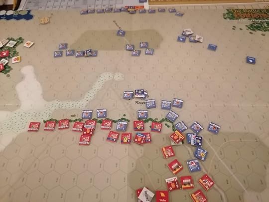 The English line is spread across the bottom of the image and is under attack by French on the top and right of the image. French units at the very top of the screen have moved forward in two blocks.