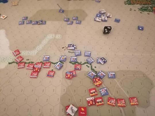 The English army is laid out on the upper left and bottom right of the image, but few remain in the center where there are plenty of French units. A few French units continue to linger at the very top of hte image.