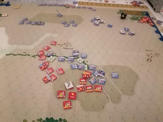 The battle map, with the English lines in the foreground. They are encircling the French on the left but the French are pushing forward in the centre and on the right.