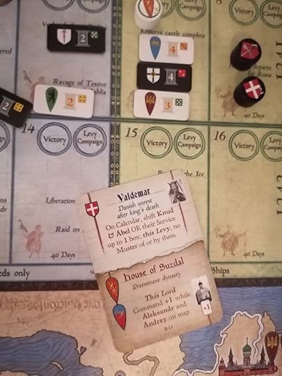 Close up picture of a Rus Art of War card showing the event that King Valdemar has died and the lord Knud & Abel have their service markers adjusted as a result
