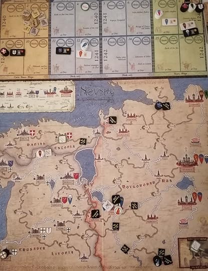 Alexander is next to a Teutonic controlled Pskov. Yaroslav has taken a Rus city in the southwest, while Heinrich is on the north coast conquering Rus trade ports. Valdemar has raided an Estonian town but his service will end at the start of next turn