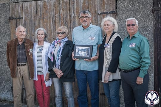 75 YEARS LATER, In 2019 we recreated the 1944 photo in the same courtyard. FROM LEFT TO RIGHT : LUCIEN BERTIN, KATHLEEN ARGENTINA: DAUGHTER OF JOE HOULIHAN, PAULETTE (BEGUE): DAUGHTER OF YVONNE FOSSIER, MICHAEL WATTS & VICKI OLSEN: CHILDREN OF LOUIS I WATTS AND BOB EDGE:SON OF WILIAM EDGE