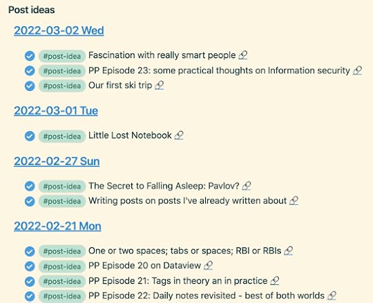 Example of my Post Ideas file -- showing the section on ideas I've either written about or discarded.