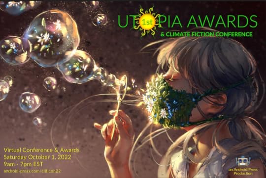 UtopiaCon logo - a girl in a mask made of flowers blowing bubbles