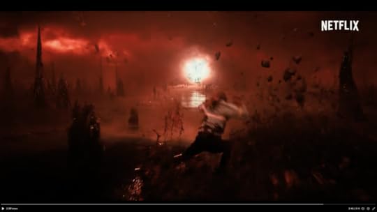Max running toward a portal out of the upside down, but is that Max herself in the portal, floating?