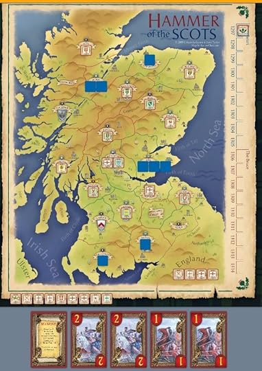 Hammer of the Scots' board, showing a map of Scotland with a bit of northern England. Several sample cards are displayed at the bottom of the image.