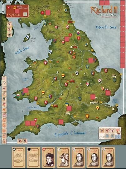 Richard III's board on Rally the Troops, a map of England and Wales with a bit of Scotland, plus borders of Ireland and northern France. Some cards from the game are at the bottom of the image.