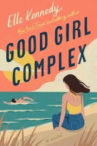 Illustrated cover of a brunette white girl oin the beach in jeans and a yellow halter top, sitting watching a dark-haired white man with a tattoo on his arm swimming