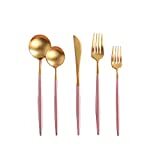 Wowagoga High-End Stainless Steel Flatware Set Knife Fork Spoon Portugal Tableware Cutlery Brushed Luxury Kitchen Utensils Dinnerware Set, Pink-Gold, 5Pcs/Set