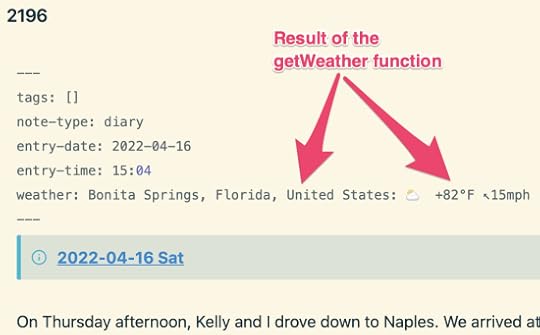 An example entry showing the weather line in an actual journal entry.