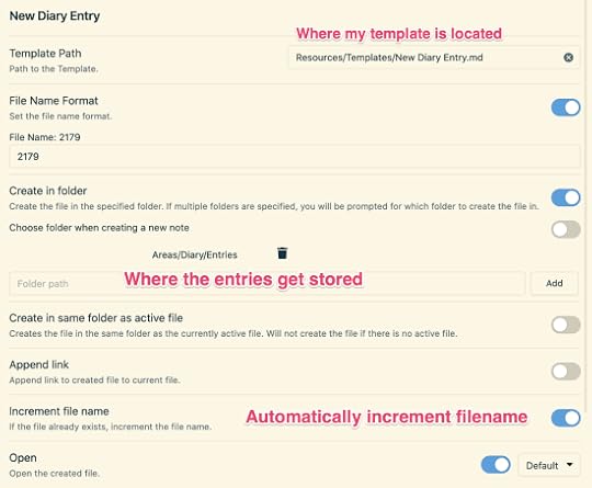 QuickAdd configuration for my New Diary Entry template