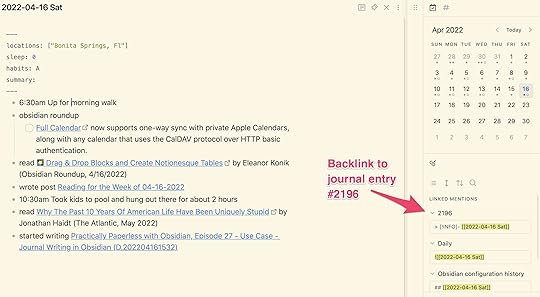A daily note showing backlinks to journal entries,.